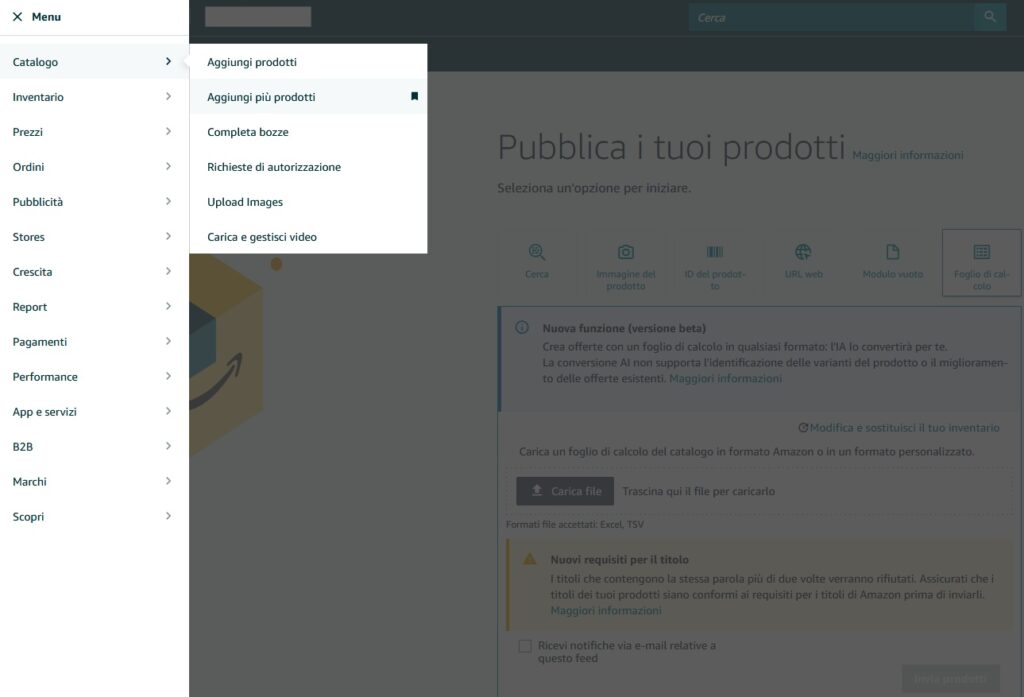 Amazon caricamento file prodotti