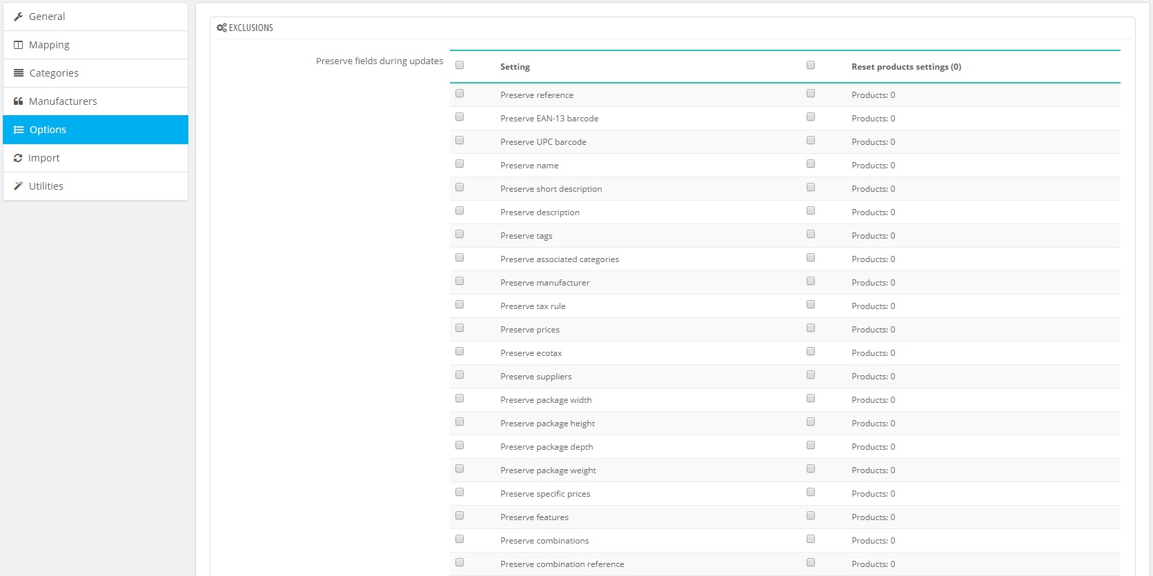 universal import options