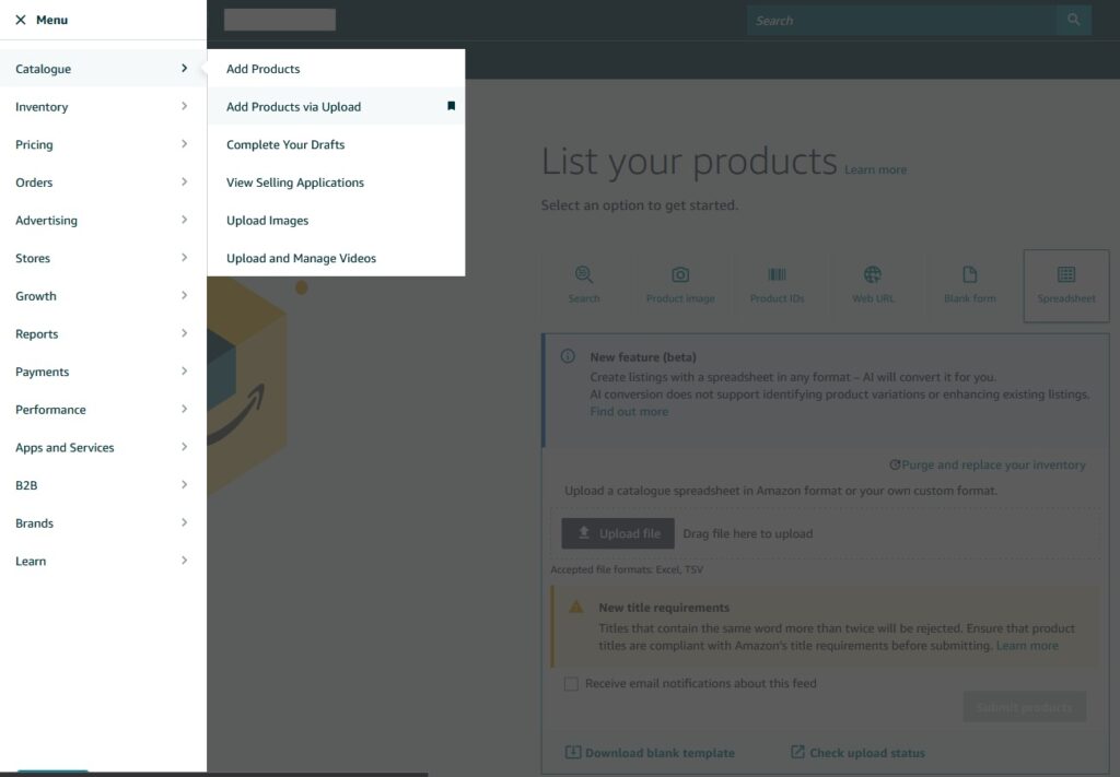 Amazon product sheet upload