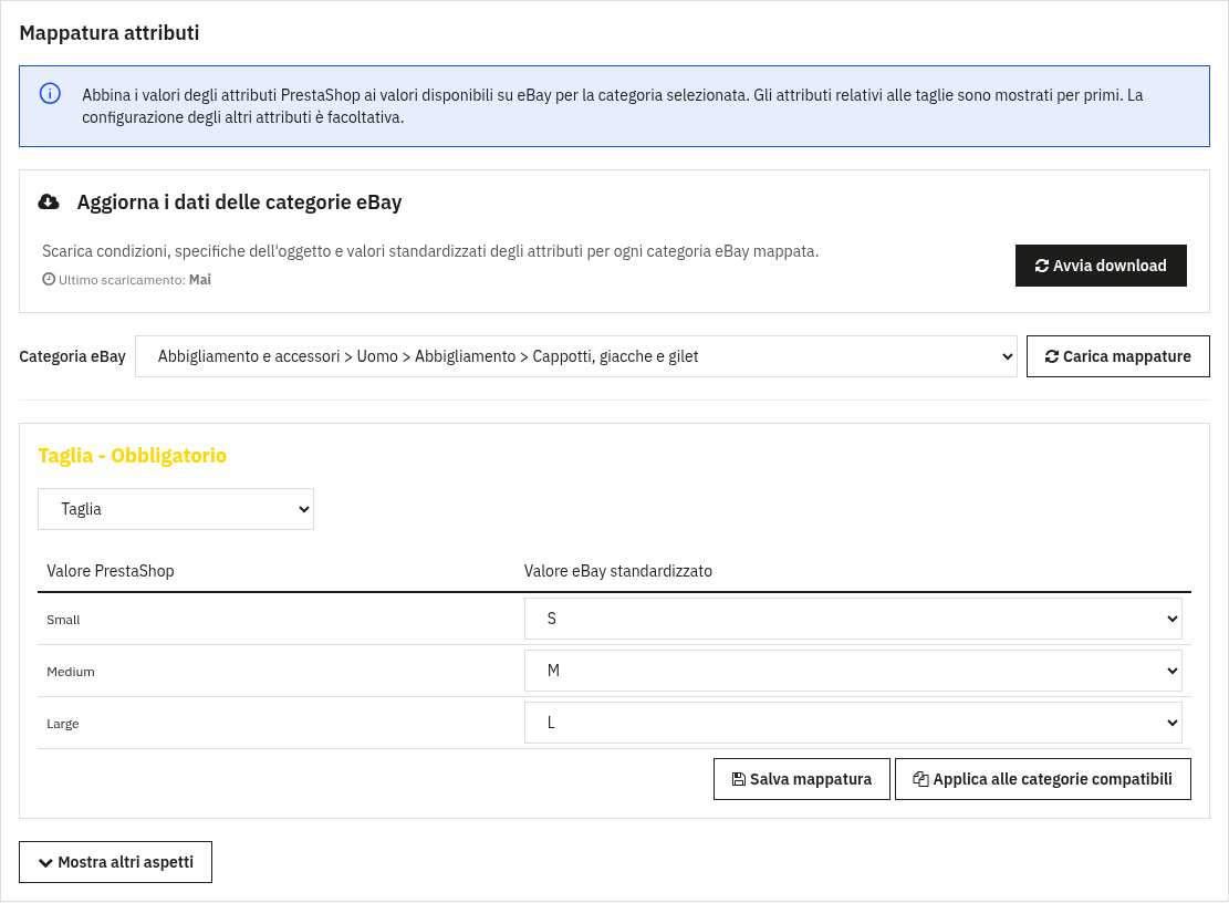 FastBay: gruppo Taglia con Small associato a S, Medium a M e Large a L